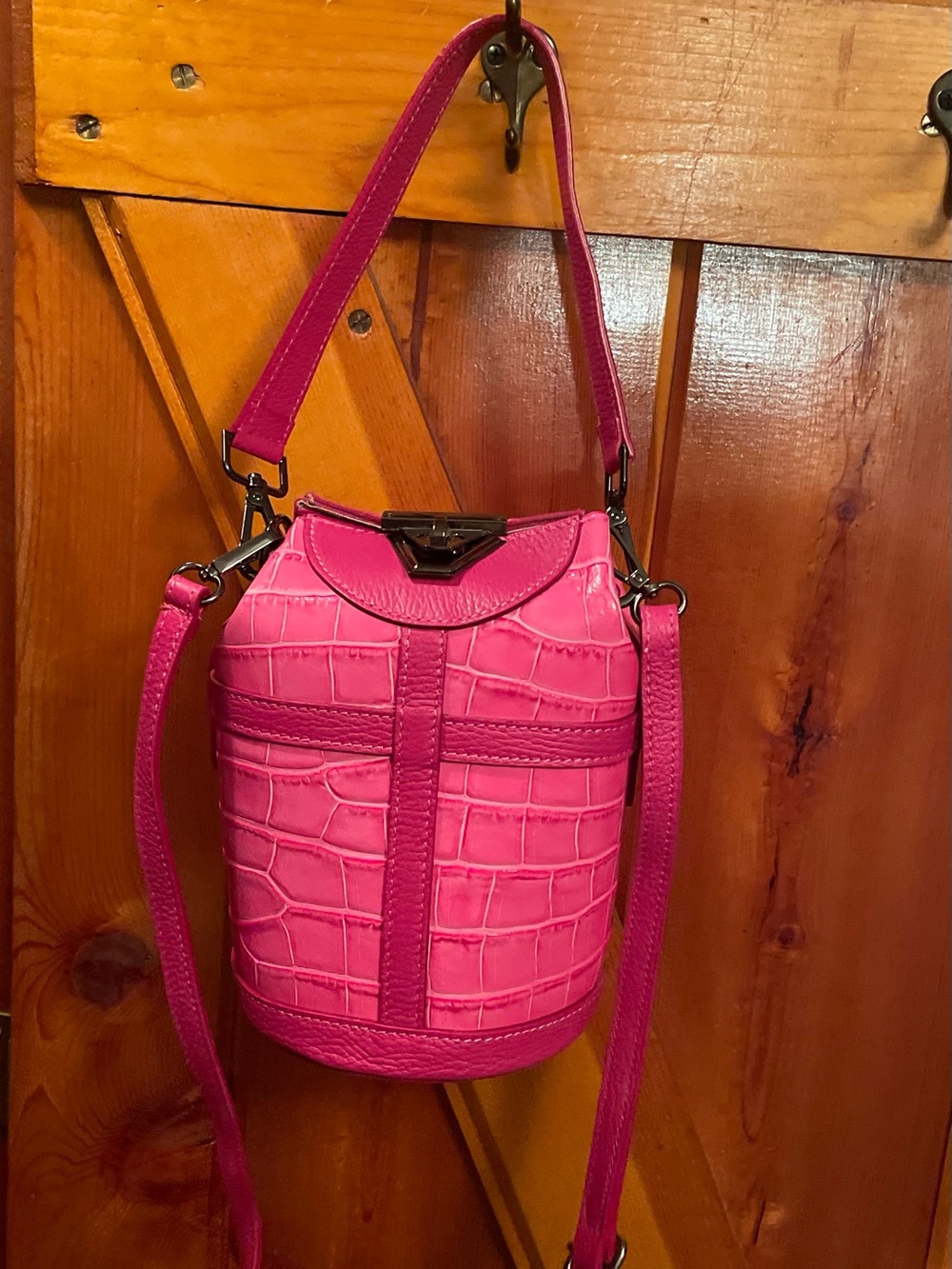 Hot Pink Valentina Fiore Bucket Bag. Croc Embossed. Leather. Made in Italy